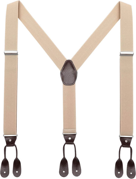 Mens Brown Button End Suspenders - Adjustable Elastic Y Shape Tuxedo Suspender