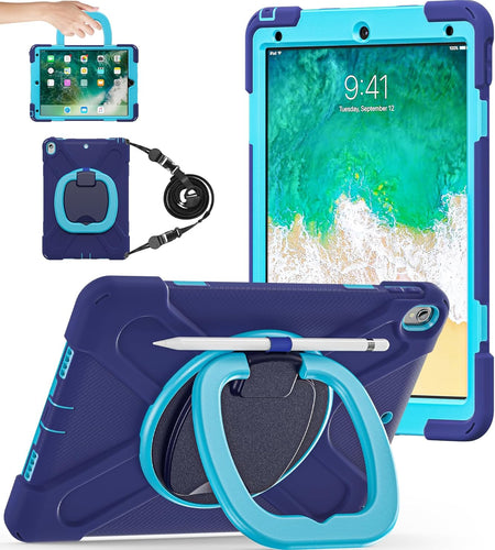 Ipad Pro 10.5 Case 2017 Released/Ipad Air 3Rd Generation Case 2019 Release; Rugged Heavy Duty Protective Cover with Pencil Holder, 360° Swivel Stand, Shoulder Strap; for Kids (Navy Blue+Blue)