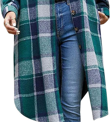 Women'S Casual Wool Blend Long Plaid Shirt Jacket Button down Pocketed Shirt Shacket