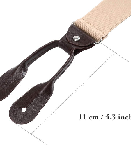 Mens Brown Button End Suspenders - Adjustable Elastic Y Shape Tuxedo Suspender