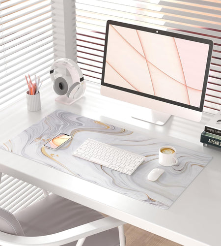 White Mouse Pad, Cute Marble Large Desk Mat, PU Leather Desk Protector Mousepad, Gold Grey Striped Waterproof Computer Keyboard Gaming Mouse Pads, Non Slip Extended Writing Pad 31.5" X 15.7"