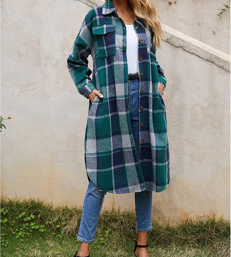 Women'S Casual Wool Blend Long Plaid Shirt Jacket Button down Pocketed Shirt Shacket