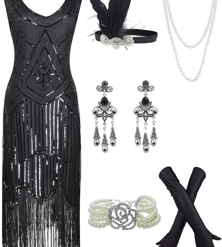 20S Flapper Gatsby Sequin Beaded Evening Cocktail Dress with Accessories Set