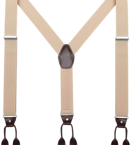 Mens Brown Button End Suspenders - Adjustable Elastic Y Shape Tuxedo Suspender