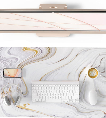 White Mouse Pad, Cute Marble Large Desk Mat, PU Leather Desk Protector Mousepad, Gold Grey Striped Waterproof Computer Keyboard Gaming Mouse Pads, Non Slip Extended Writing Pad 31.5" X 15.7"