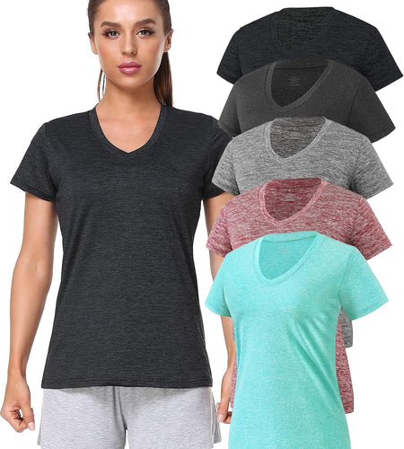 5-Pack Women'S Short Sleeve Dry Fit T-Shirt Moisture Wicking Athletic V-Neck Tee